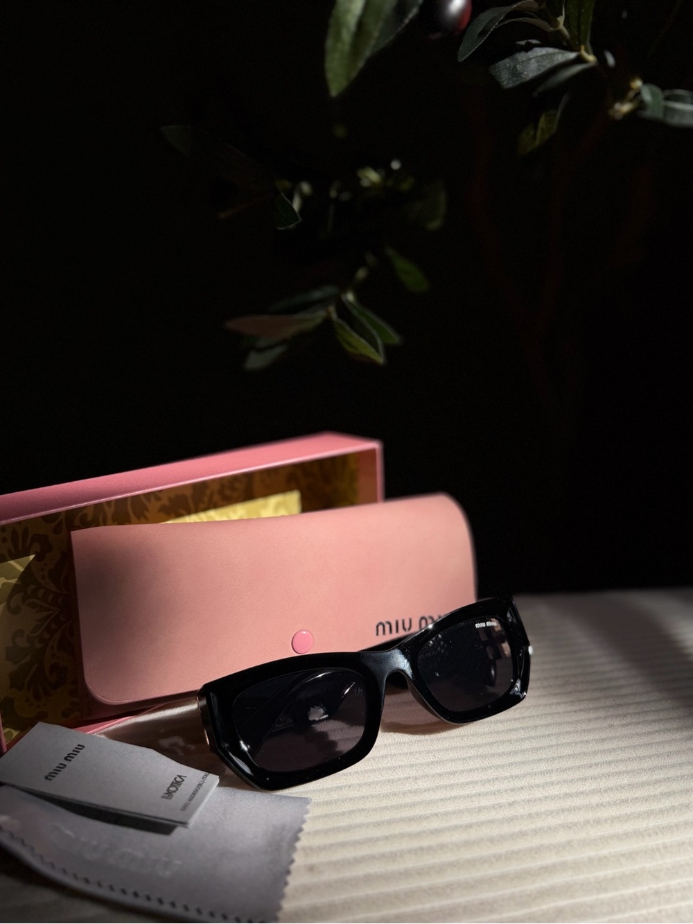 Miu Miu Black Rectangular Sunglasses with Pink Case